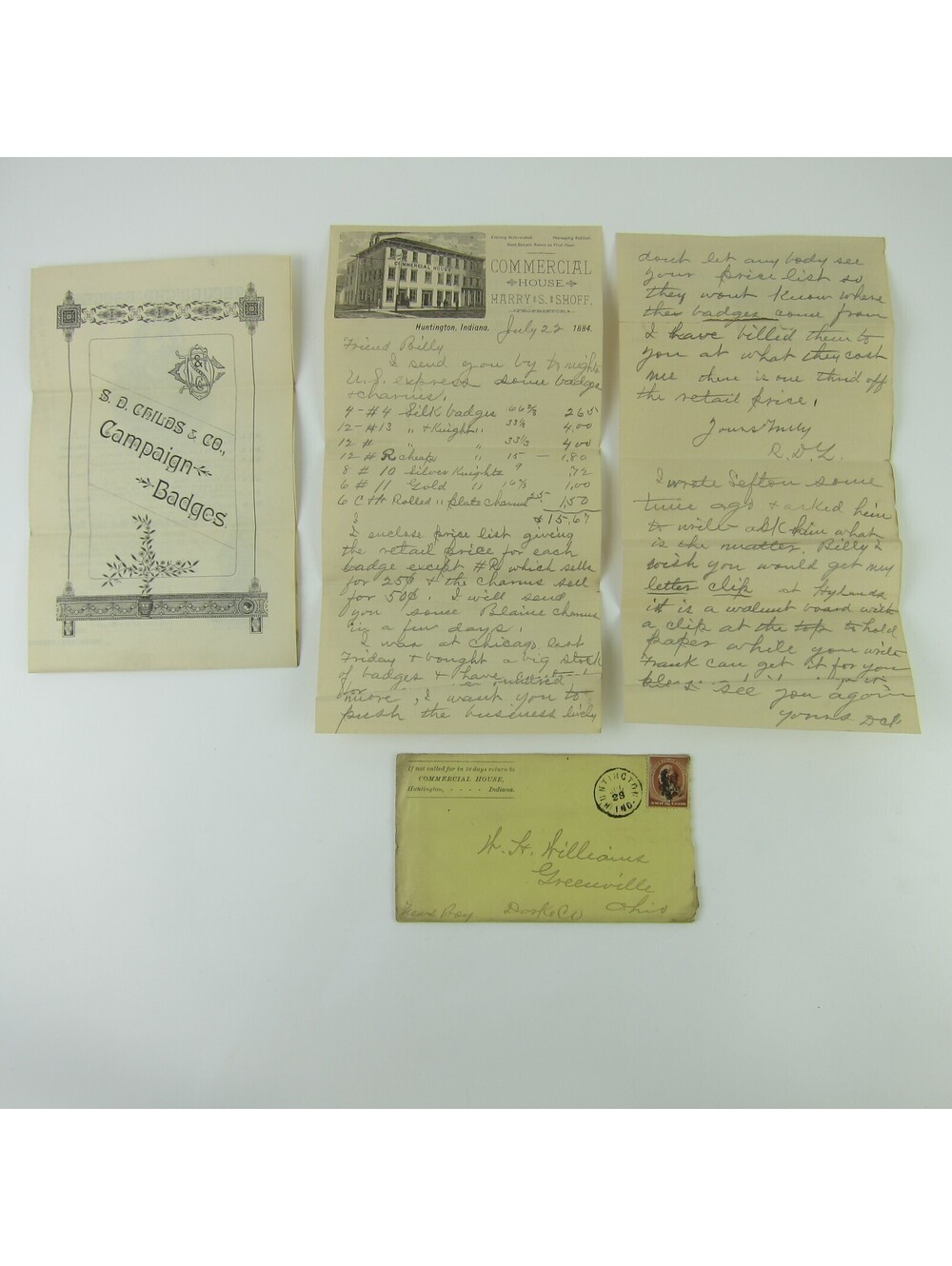 1884 Commercial House Huntington Indiana Letterhead SD Childs Co Badges Ad Lot